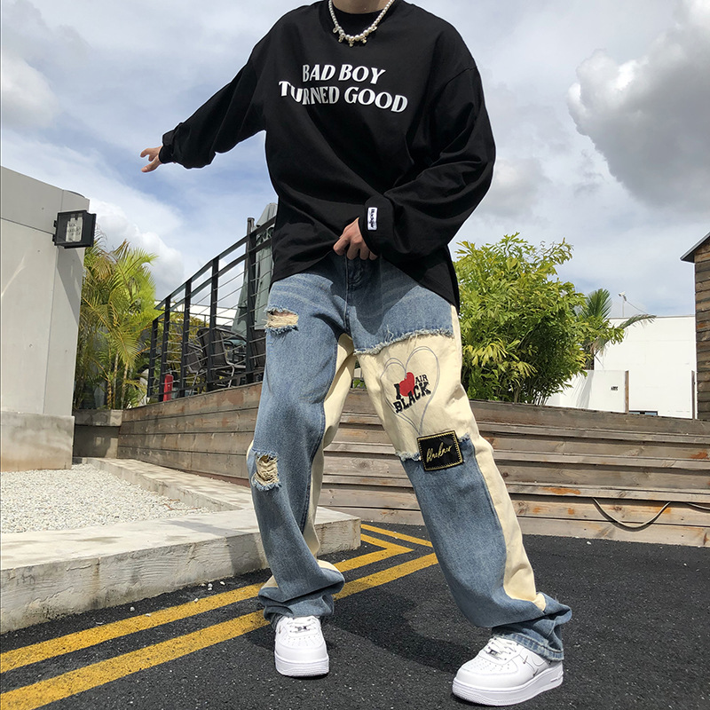 欧美高街复古破洞牛仔裤男美式潮牌hiphop小众设计感做旧水洗裤子