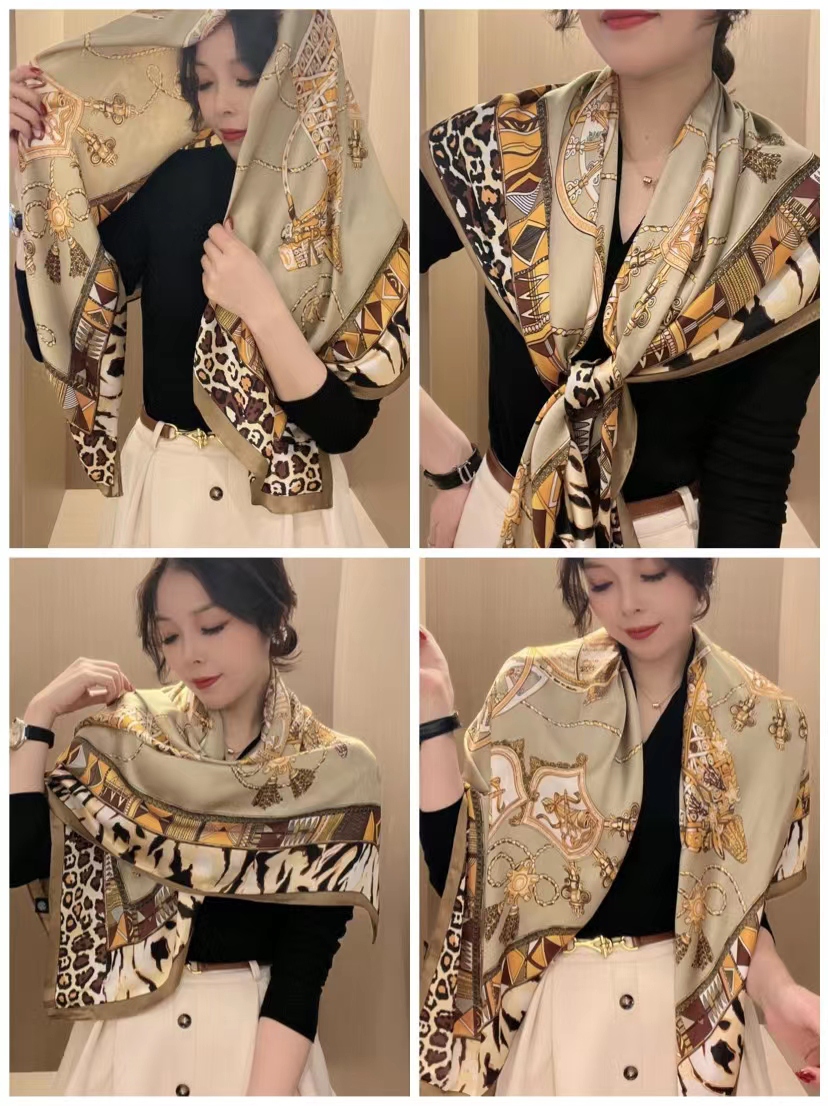 Spring/Summer 2022 New Printed 110 Silk Scarf Women's Imitation Silk Large Square Shawl Shade Decorative Beach Towel Shawl Application Scenario