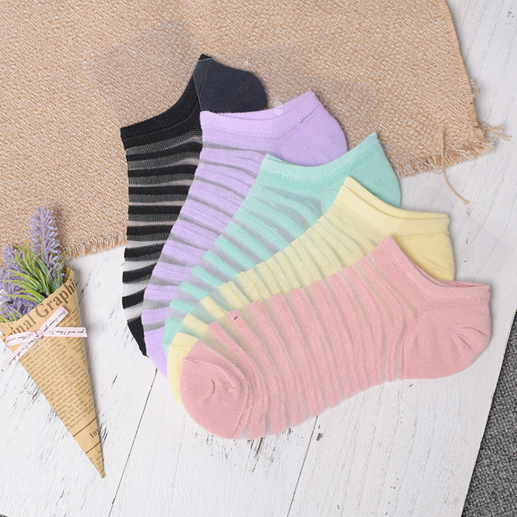 Spring and summer sweet stripe lace crystal socks for women glass silk socks Korean breathable short socks for women wholesale