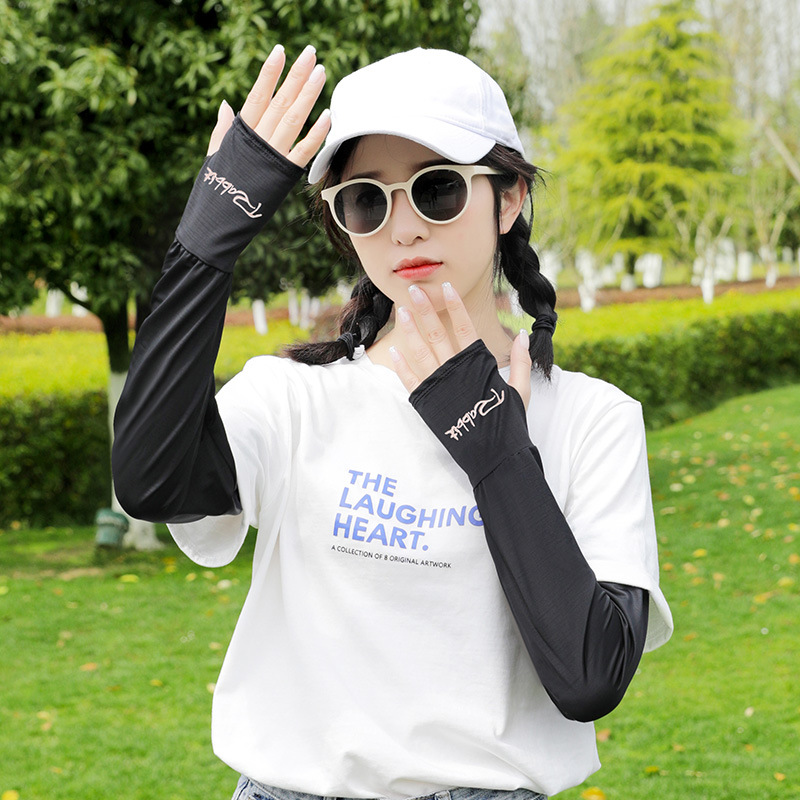 夏季女士绣花露指宽松防晒袖套带手套冰丝袖套英文透气网眼手臂套2产品图