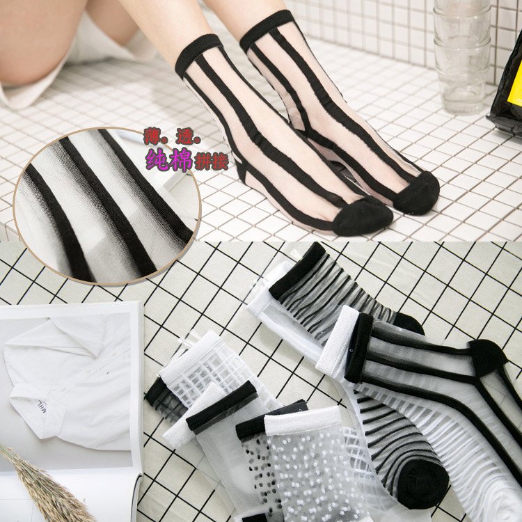 春季女士蕾丝袜 日系蚕丝袜透明水晶袜黑白系玻璃丝袜 花边卡丝袜