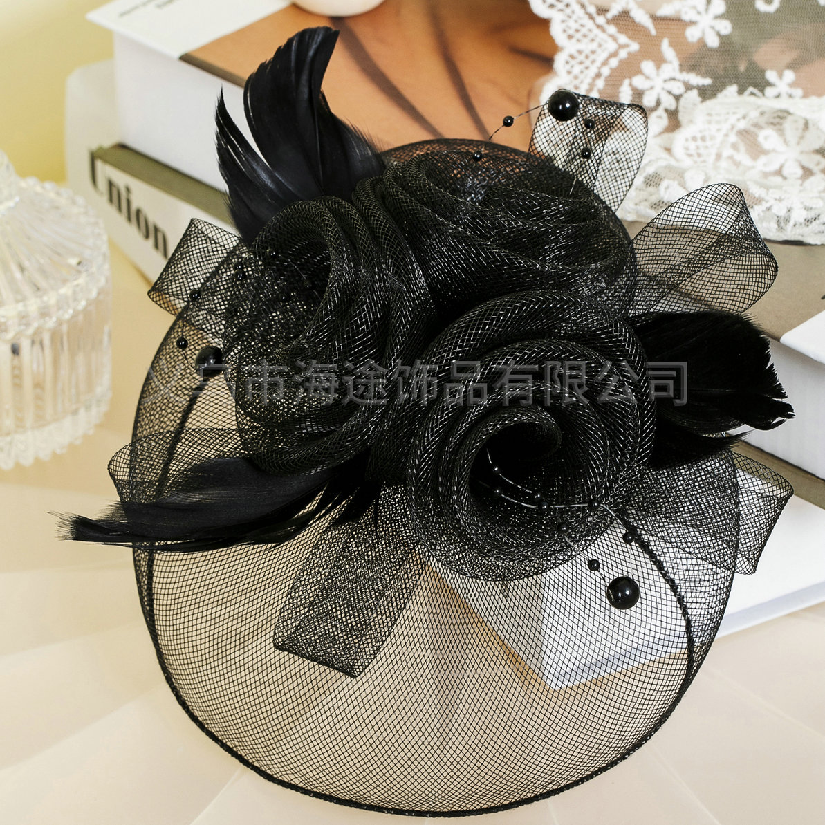 Cross-border European banquet evening dress, elegant socialite top hat, fashionable feather, flower, retro hat flower, banquet hair accessory Specification image
