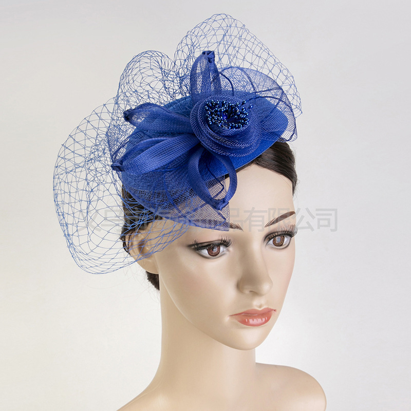 European and American vintage hemp yarn bridal top hat royal blue feather mask small hat dinner dress Qipao accessories manufacturers thumbnail