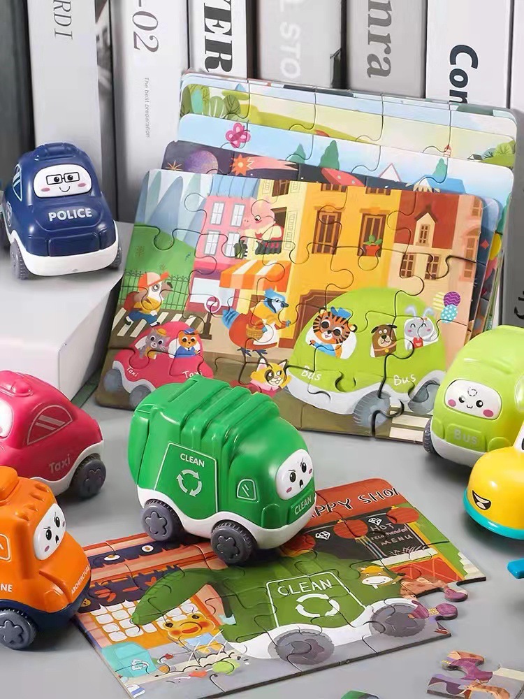 Children's educational inertial car toys, plastic cartoon toy cars with jigsaw puzzles, and early education toys for kindergartens are selling well at street stalls details Picture
