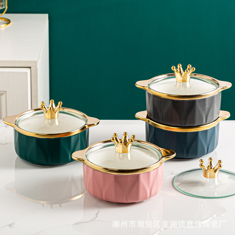 北欧风镀金泡面碗创意金边陶瓷碗网红皇冠汤饭碗家用大容量保鲜碗