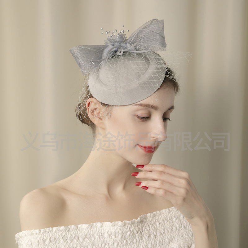 New cross-border in-stock grey bow mesh top hat, European and American ins party hair accessory top hat for women