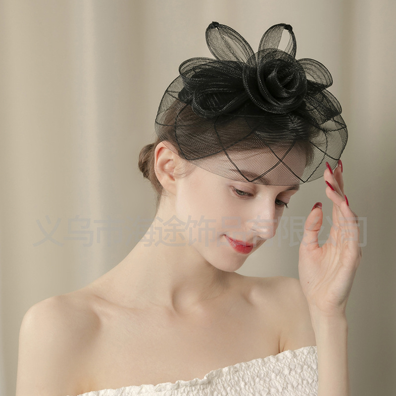 Amazon's new European and American fashion mesh top hat, the same style of elegant hair accessory as the Internet celebrity, is a small top hat manufacturer for women details Picture