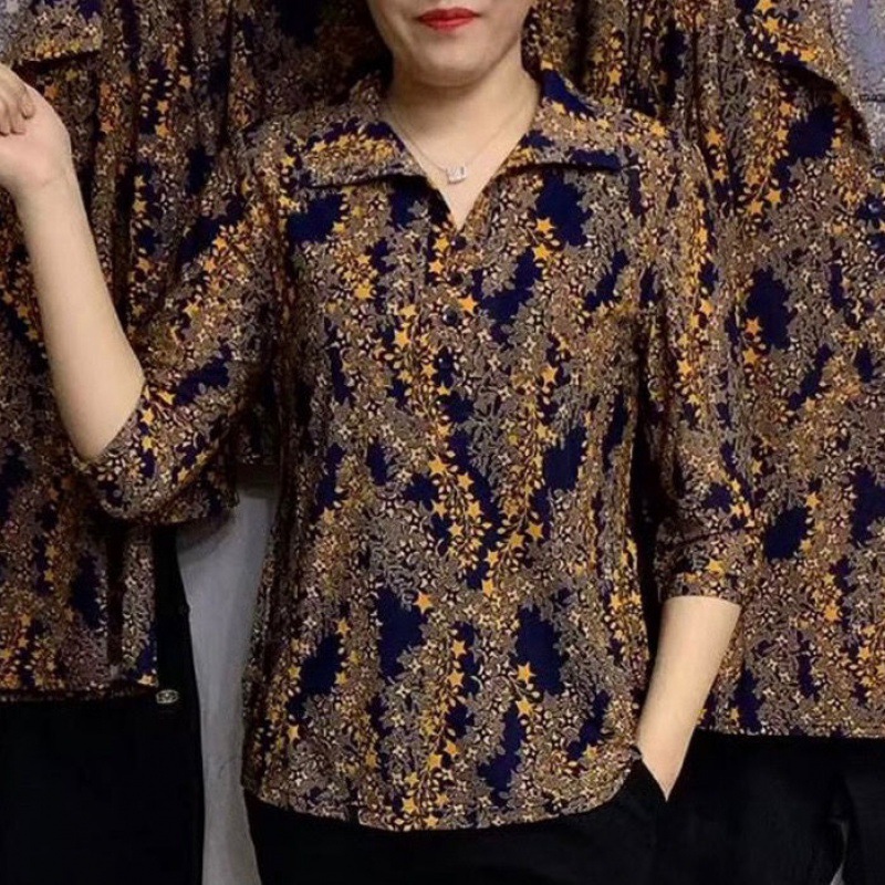 Mother autumn long sleeve T-shirt 40-60 years old women spring and autumn bottom shirt lapel shirt loose thin top