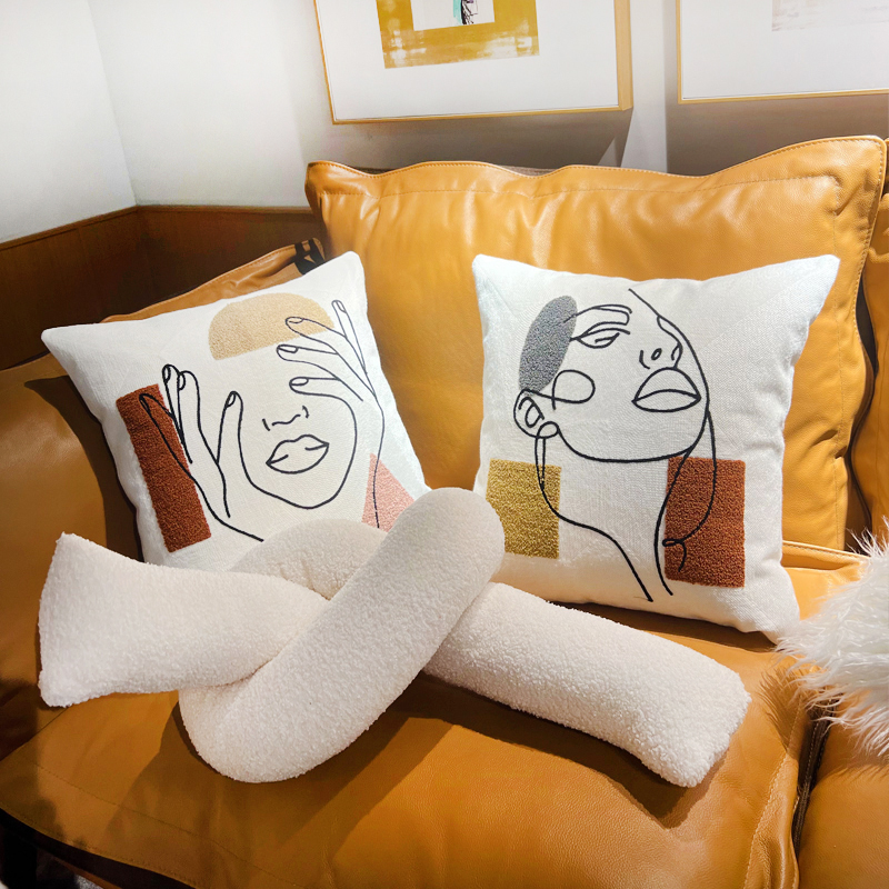 Nordic living room leather sofa cushions, all-cotton canvas pillowcases, model room headboard bay window original embroidered cushions