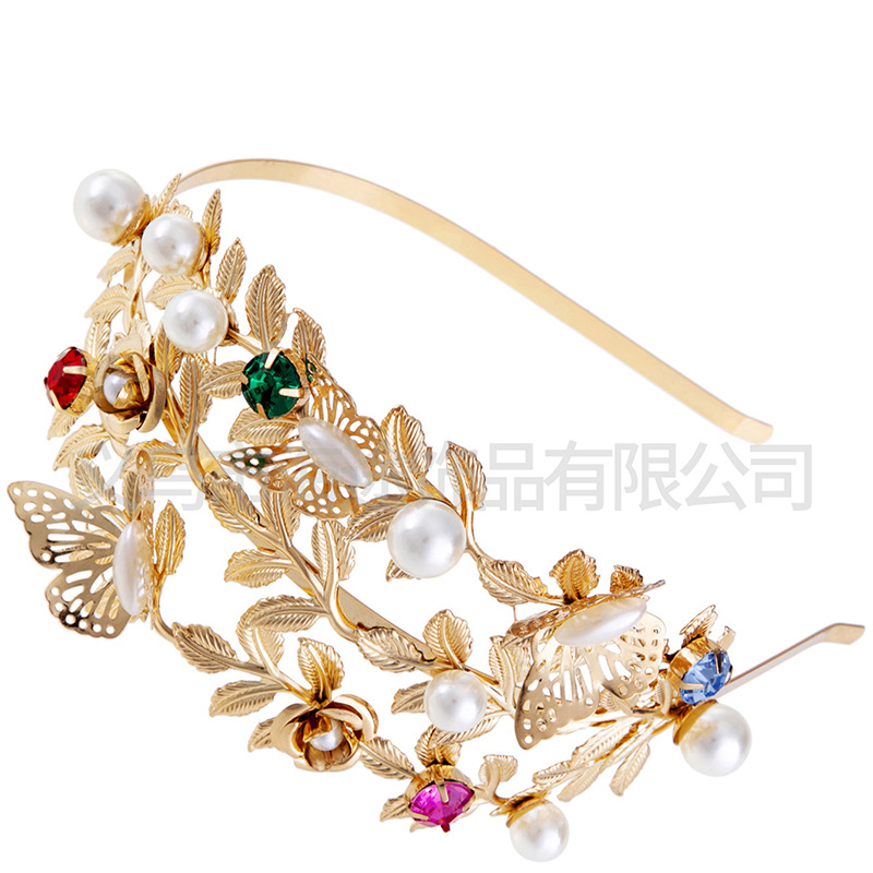 New cross-rhinestone headband, metal butterfly alloy pearl imitation hair accessory, flower headband, Baroque retro headband Specification image