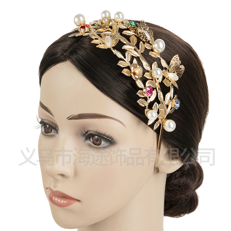 New cross-rhinestone headband, metal butterfly alloy pearl imitation hair accessory, flower headband, Baroque retro headband details Picture