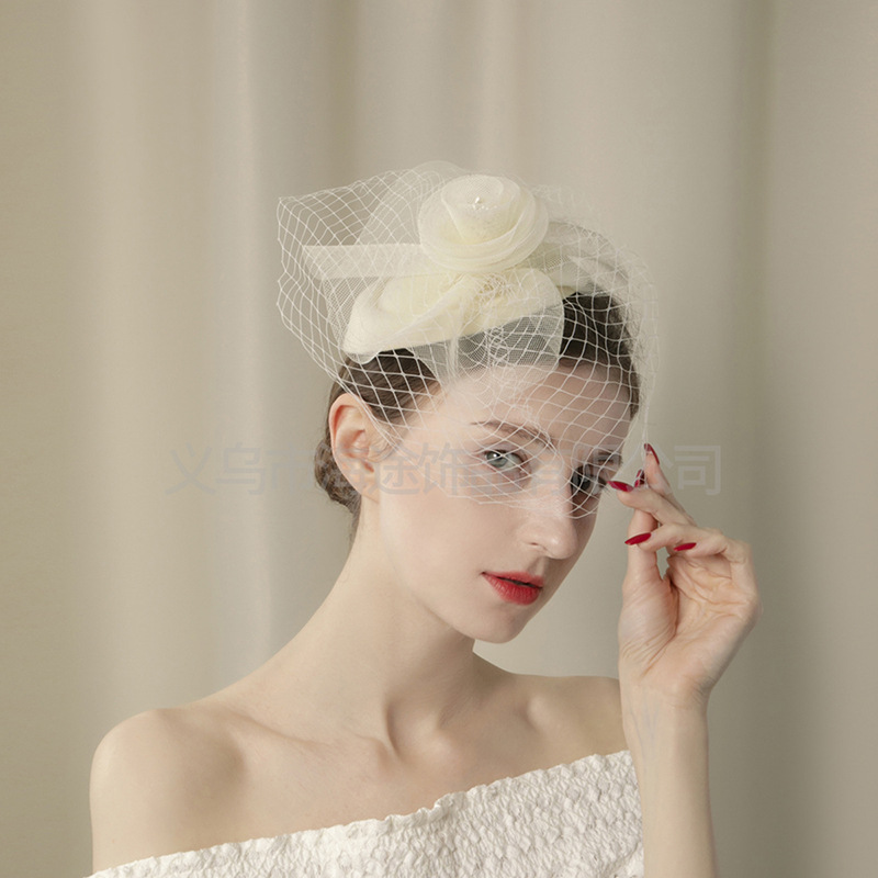 New French off-white mesh top hat, simple and short photo prop, bride's hair accessory, top hat for women details Picture