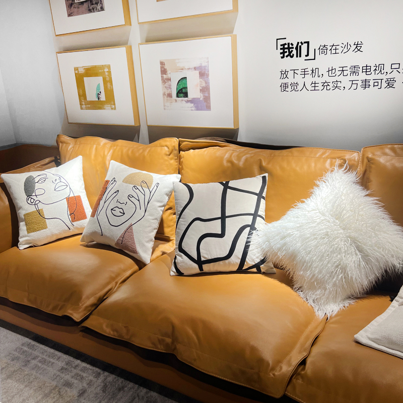 Nordic living room leather sofa cushions, all-cotton canvas pillowcases, model room headboard bay window original embroidered cushions details Picture