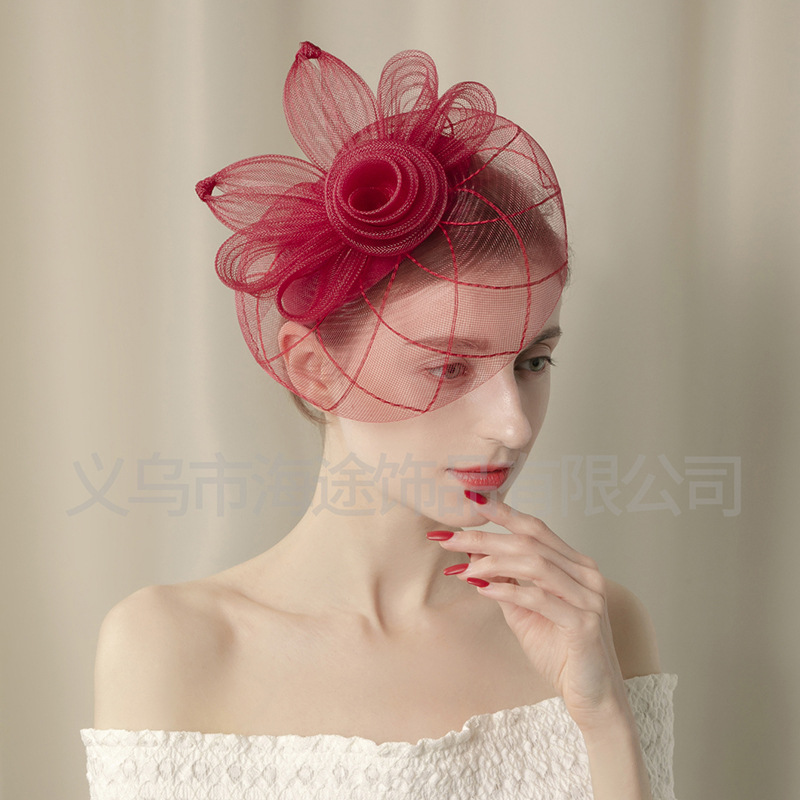 New European bride wine red gauze small hat dinner temperament boutique hair accessories small hat women wholesale thumbnail