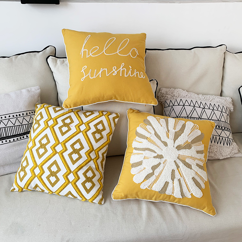 SAN Yue Xi Nordic embroidery pillow, all-cotton yellow living room sofa chair backrest, model room American-style pillow cushion cover details Picture