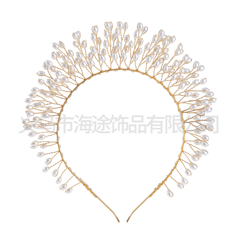 Cross-border new pearl vertical crown, hand-woven bride and bridesmaid crown, wedding banquet headwear and accessories