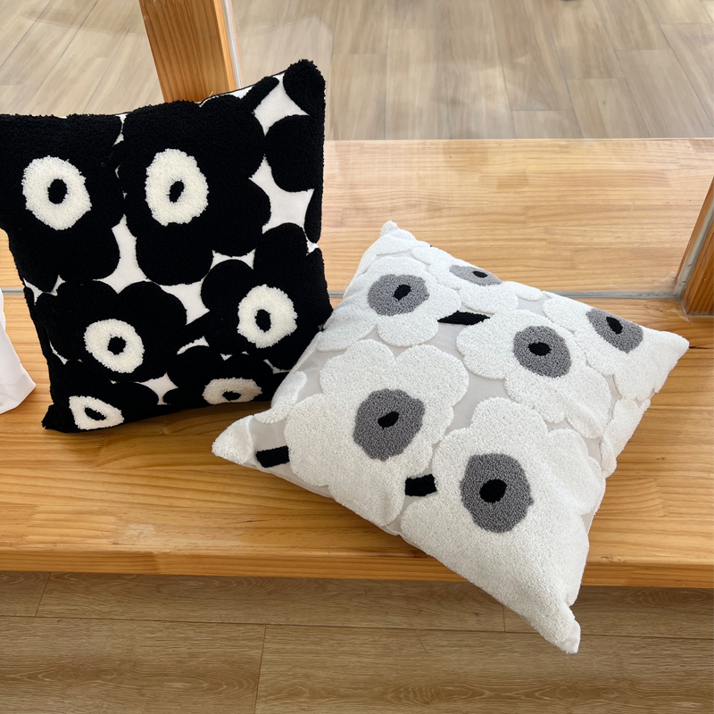 ins沙发靠垫套简约花花抱枕棉麻绣花飘窗垫黑白灰极简风花朵枕套