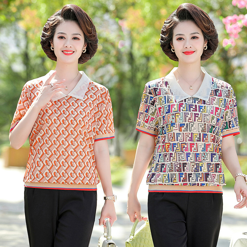2022新款妈妈夏装字母雪纺小衫40岁50中老年女装宽松上衣短袖T恤