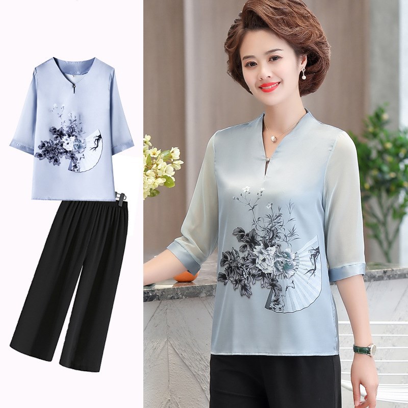 妈妈夏装短袖T恤2020新款真丝衫40岁50中老年女装两件套装上衣服
