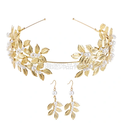 Korean popular gold alloy leaves bride headdress red pearl hair hoop wedding hair accessories wedding accessories thumbnail