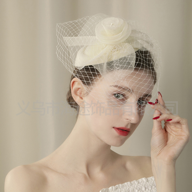 New French off-white mesh top hat, simple and short photo prop, bride's hair accessory, top hat for women