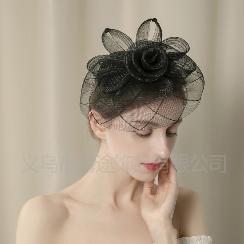 Amazon's new European and American fashion mesh top hat, the same style of elegant hair accessory as the Internet celebrity, is a small top hat manufacturer for women Specification image