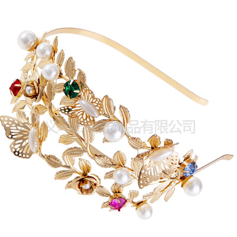 New cross-rhinestone headband, metal butterfly alloy pearl imitation hair accessory, flower headband, Baroque retro headband