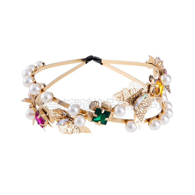 New Baroque creative double row cross hair band bridal tiara handmade alloy pearl butterfly hair band wholesale thumbnail