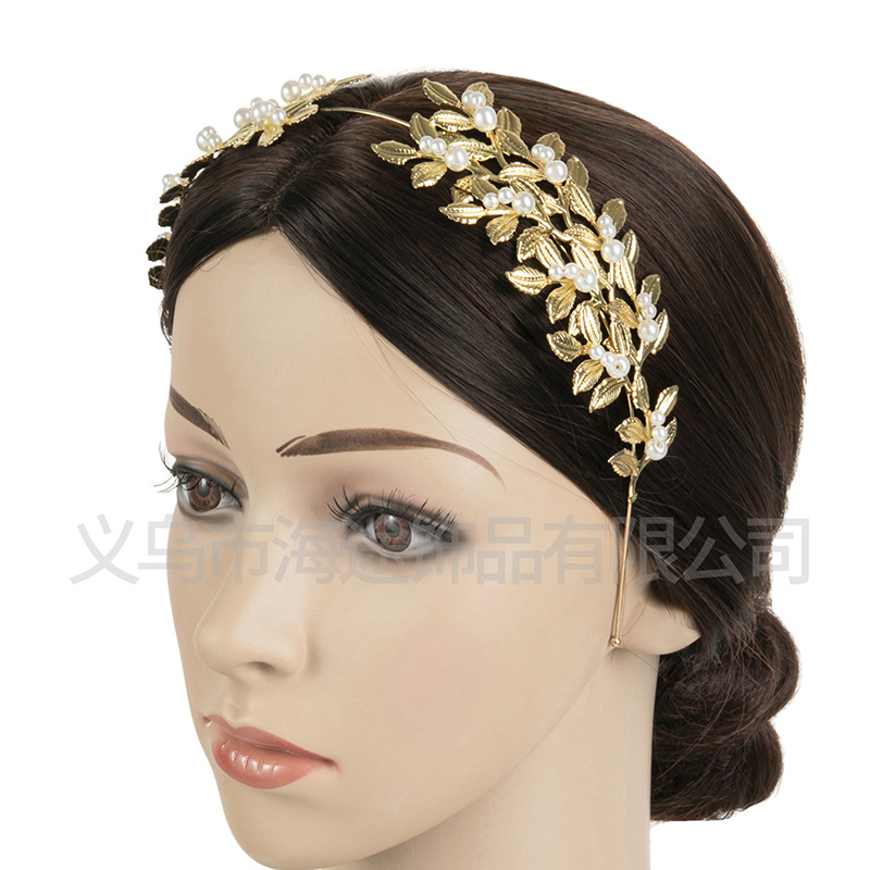 Korean-style best-selling golden alloy leaf bride headwear, internet-famous pearl hair bands, wedding hair accessories and wedding ornaments Item Picture