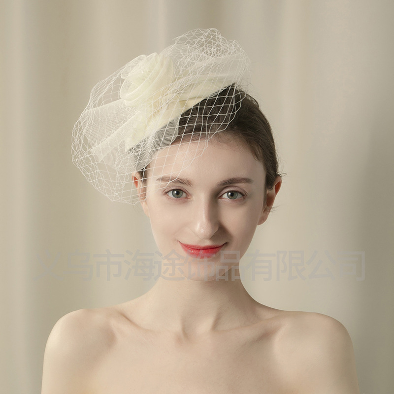 New French off-white mesh top hat, simple and short photo prop, bride's hair accessory, top hat for women Specification image