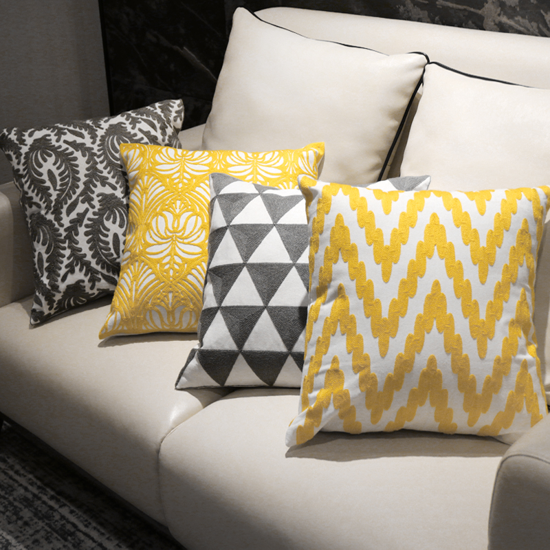 Nordic geometric embroidered flower pillowcase model room, cotton and linen cushions, simple living room sofa, yellow bay window style pillow