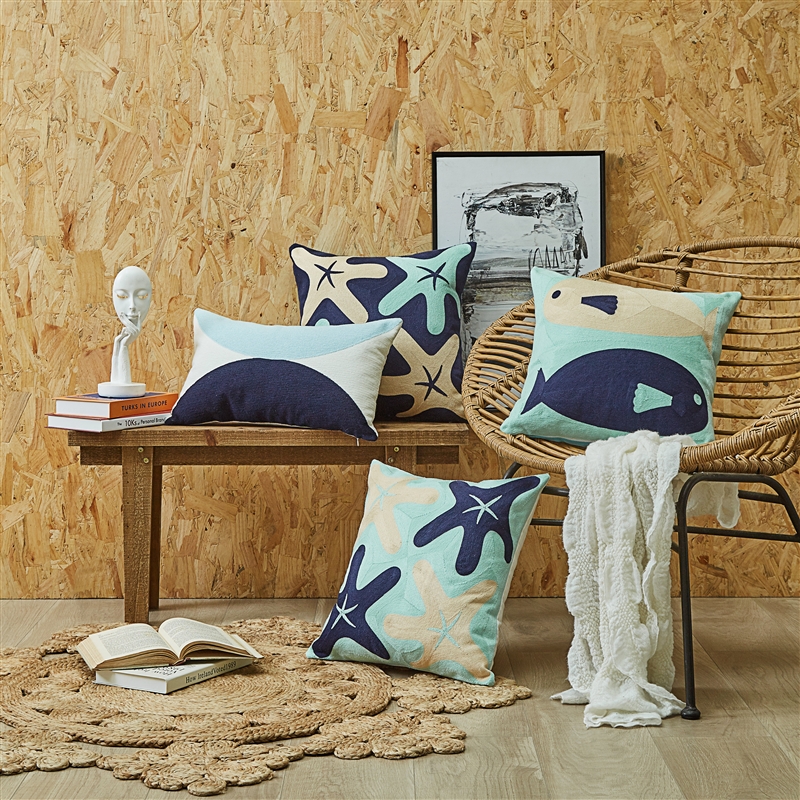 Mediterranean embroidered pillow cushion set, blue striped Nordic embroidered waist support pad, American-style living room model room headboard Application Scenario