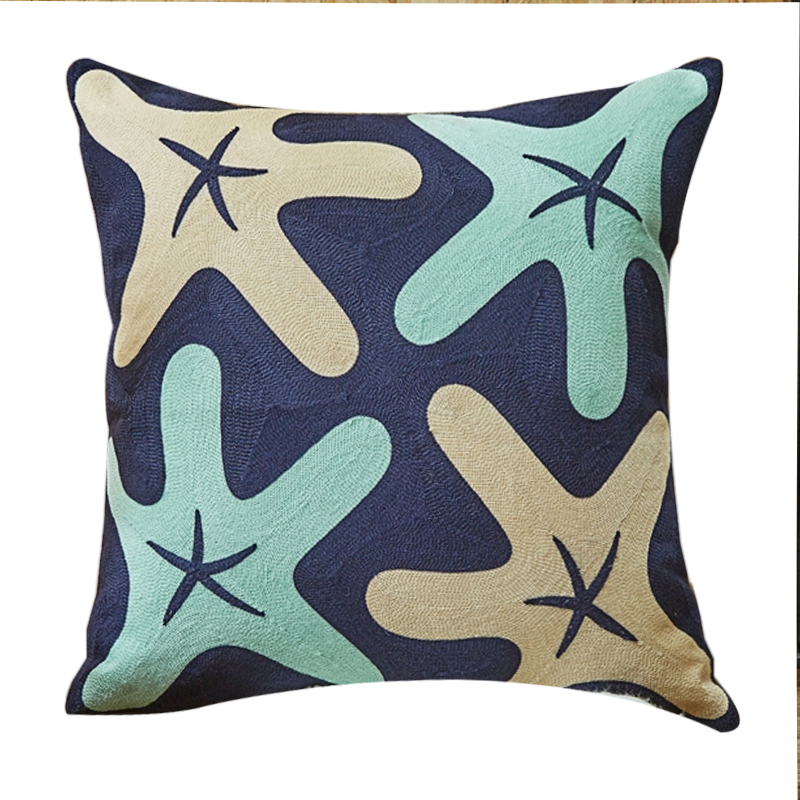 Mediterranean embroidered pillow cushion set, blue striped Nordic embroidered waist support pad, American-style living room model room headboard Item Picture