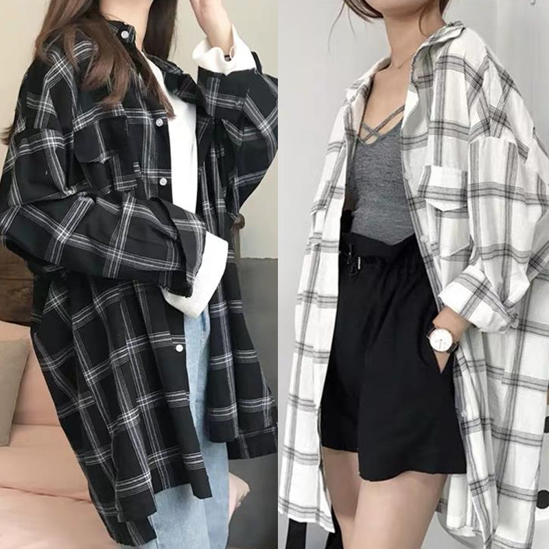 2021 Plaid blouse Women's fashion oversized suntan coat Summer top versatile long sleeve salt coat