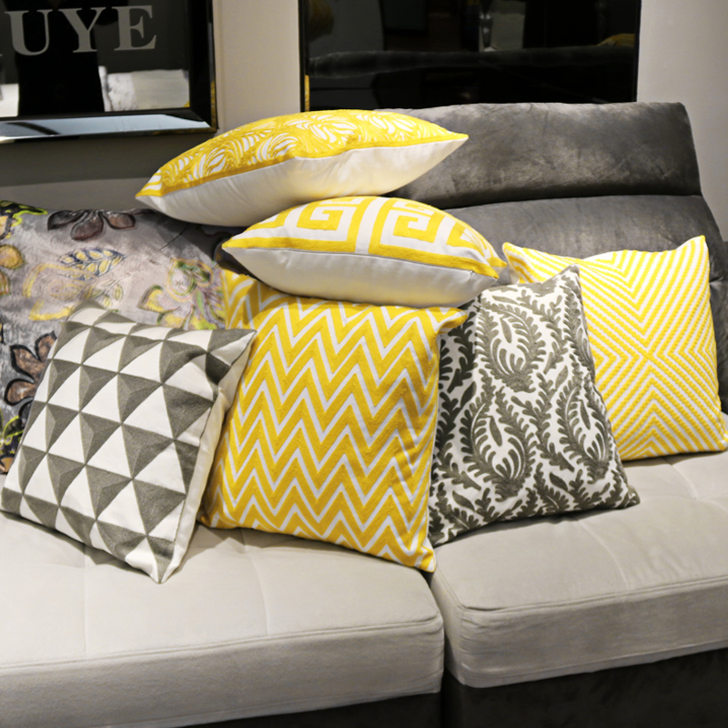 Nordic geometric embroidered flower pillowcase model room, cotton and linen cushions, simple living room sofa, yellow bay window style pillow Application Scenario