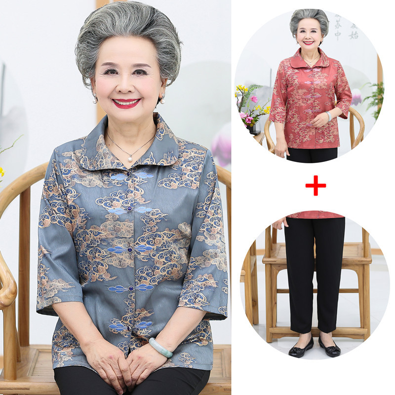 Grandma summer dress seven-quarter sleeve shirt set middle-aged and elderly woman mother dress 60 years old 70 old lady summer two-piece set