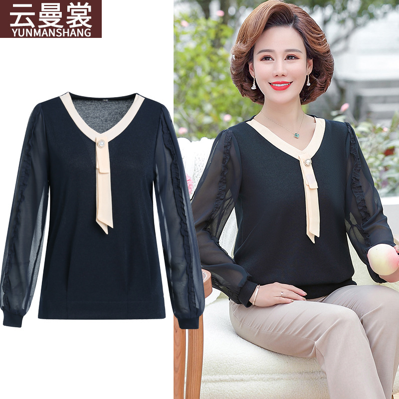 Middle-aged Mother Chiffon Bottom Top women's autumn 2021 new long sleeve Western style women's belly cover V-neck top