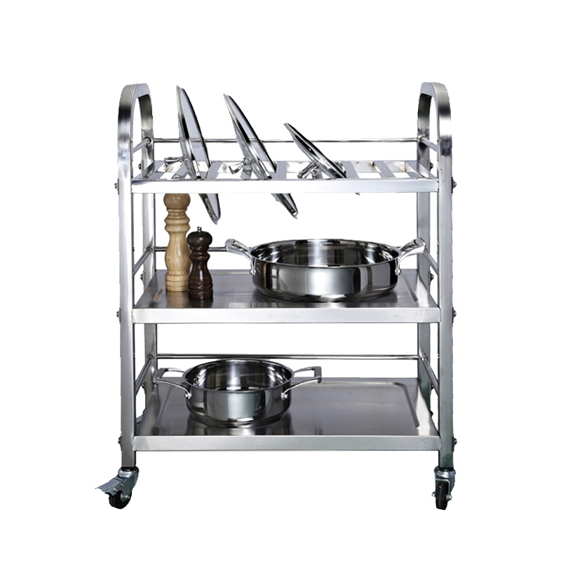 New stainless steel hot pot cart, three-layer multi-functional side dish storage rack, tube-type steam pot driver, food push and collection cart Item Picture