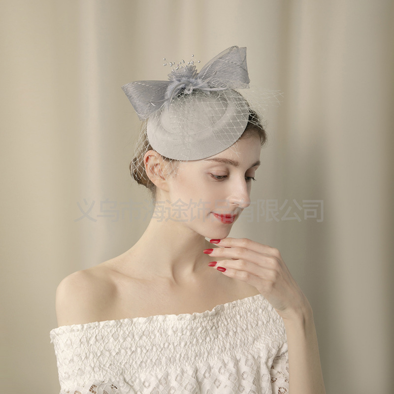 New cross-border in-stock grey bow mesh top hat, European and American ins party hair accessory top hat for women details Picture