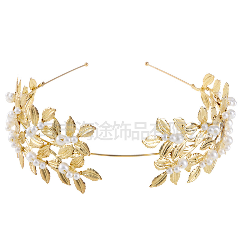 Korean-style best-selling golden alloy leaf bride headwear, internet-famous pearl hair bands, wedding hair accessories and wedding ornaments Specification image