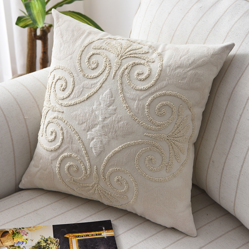 Nordic beige throw pillows, high-end embroidered pillowcases, American embroidered fashionable cushions, thick cotton, linen and canvas sofa backrests