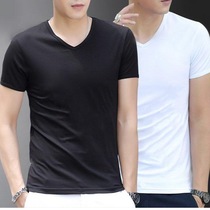 Night market Summer white T-shirt men's short sleeves solid color round collar V-neck men's self-cultivation trend base