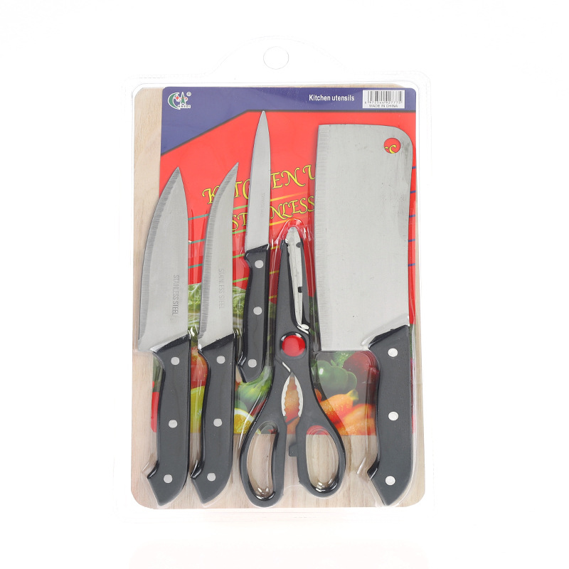 批发717-6PC刀具菜板套装刀具六件套菜刀剪刀厨师刀木菜板刀具套装