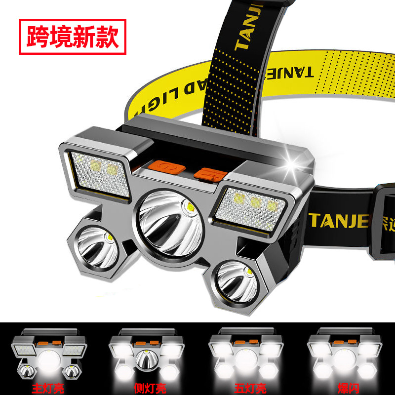 跨境新款强光头灯led五头飞机灯usb充电头戴式小电筒户外矿灯头灯