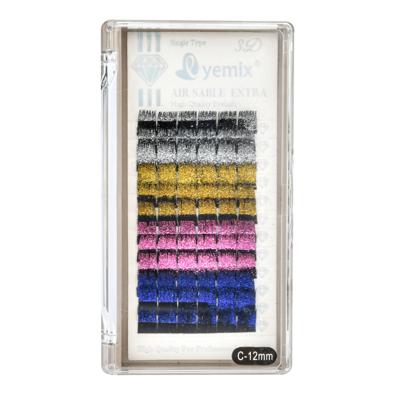 Customized wholesale from the manufacturer of Korean eyelash extensions, available in multiple colors such as gold, silver, blue and green, with a mix of dazzling and bright pink eyelashes