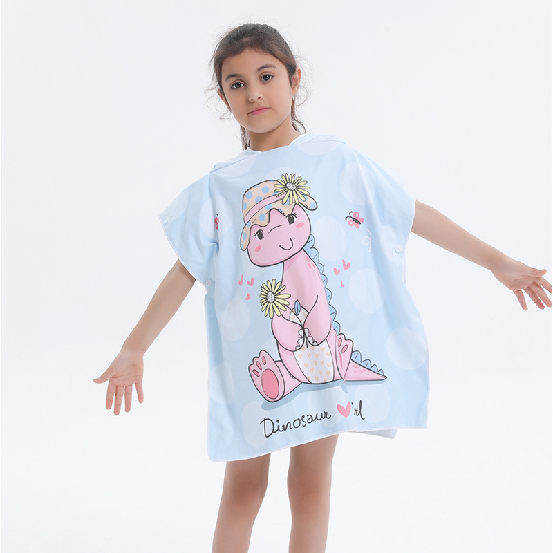 Cartoon dinosaur print beach swimming quick-drying children's cape outdoor hot spring warm cape wearable hooded bath towel details Picture