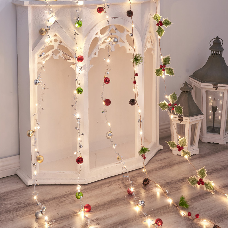 Christmas lights, LED lights, pine cones, pine needles, Christmas lights, Christmas bells, colorful lights