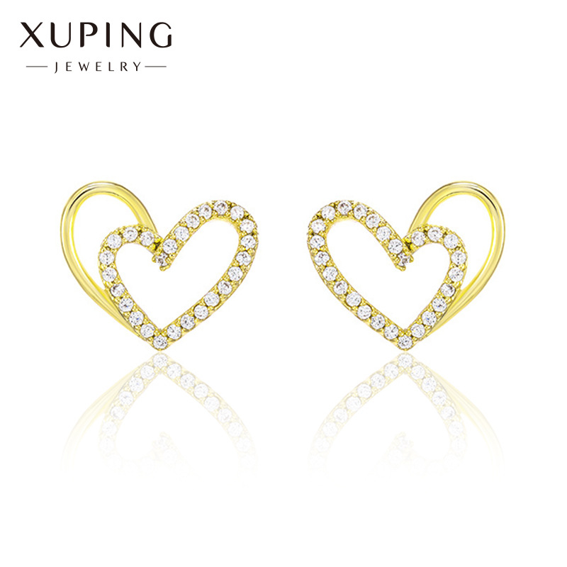 Xuping Jewelry's gold-plated Korean version heart-shaped studded zircon gold-plated stud earrings are fashionable, elegant and individual heart-shaped s925 silver pins