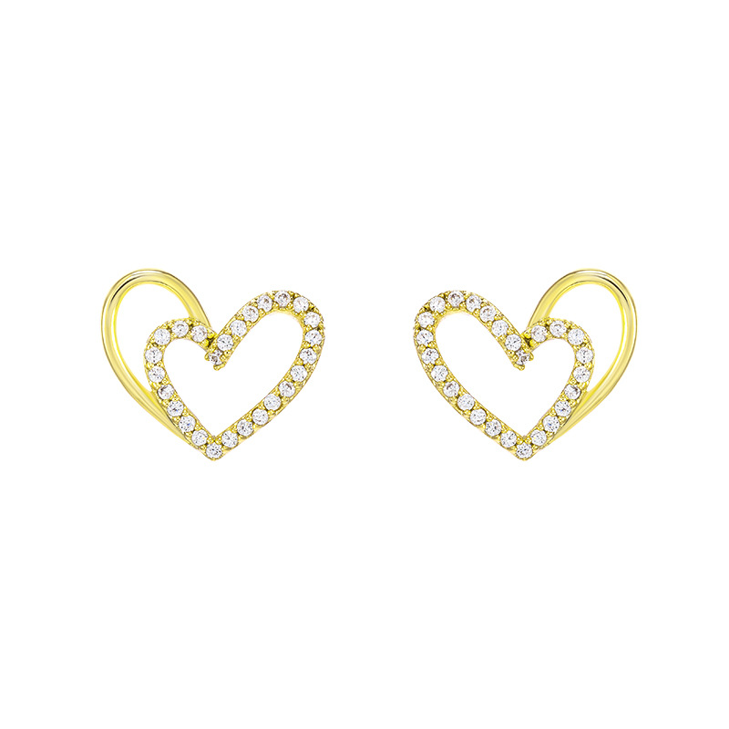 Xuping Jewelry's gold-plated Korean version heart-shaped studded zircon gold-plated stud earrings are fashionable, elegant and individual heart-shaped s925 silver pins Item Picture