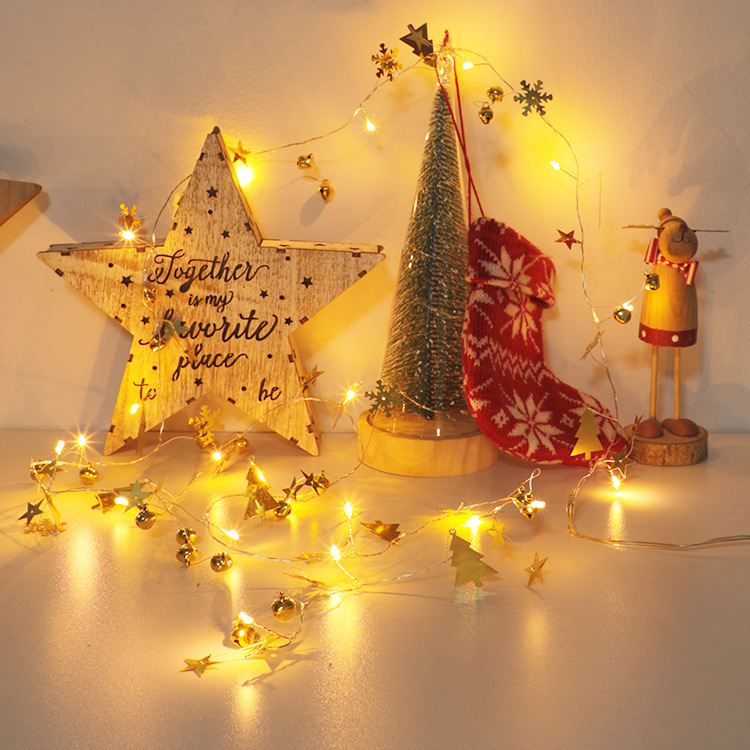跨境热销LED灯 圣诞树铃铛雪花金色球灯串 卧室温馨装饰节日彩灯